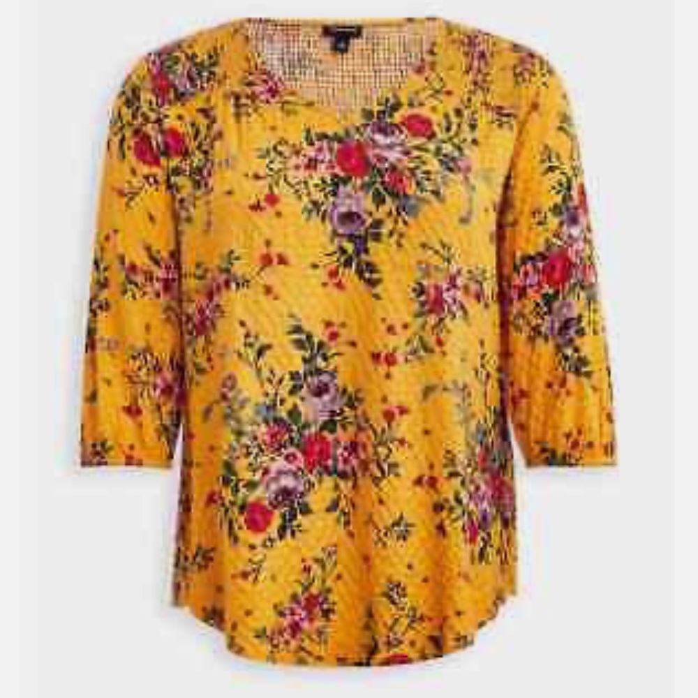 EUC TORRID PLUS SIZE 4 yellow floral v neck tunic crinkle blouse top smocked